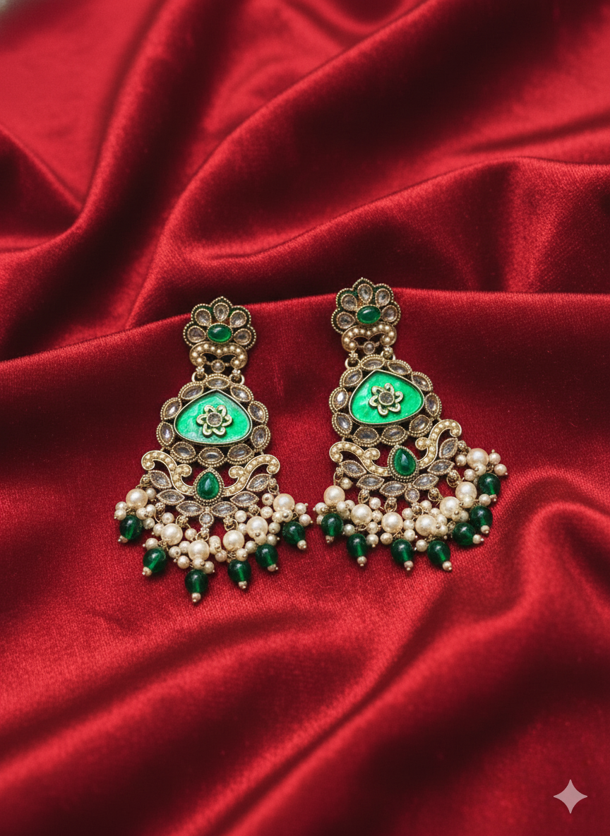 Heritage Emerald Green Floral Chandelier Drops Earring
